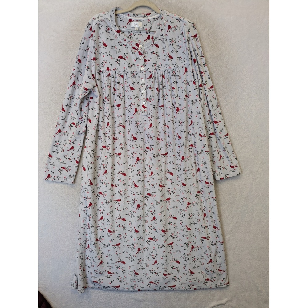 Aria‎ Collection Nightgown Women's L White Red Cardinal Fleece Henley Pockets